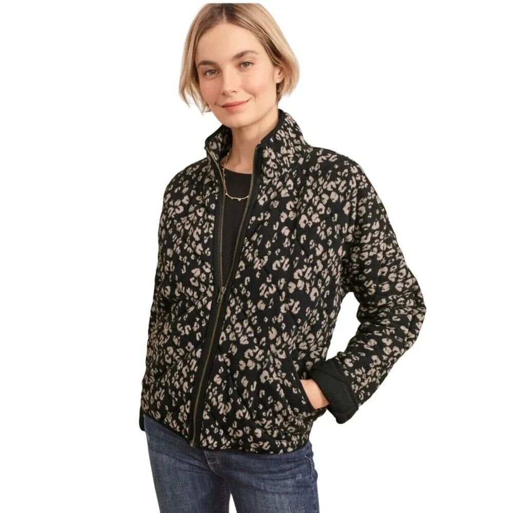 Garnet Hill Cheetah Quilted Bomber Jacket XL Black Tan‎ Zip Front 100% Cotton